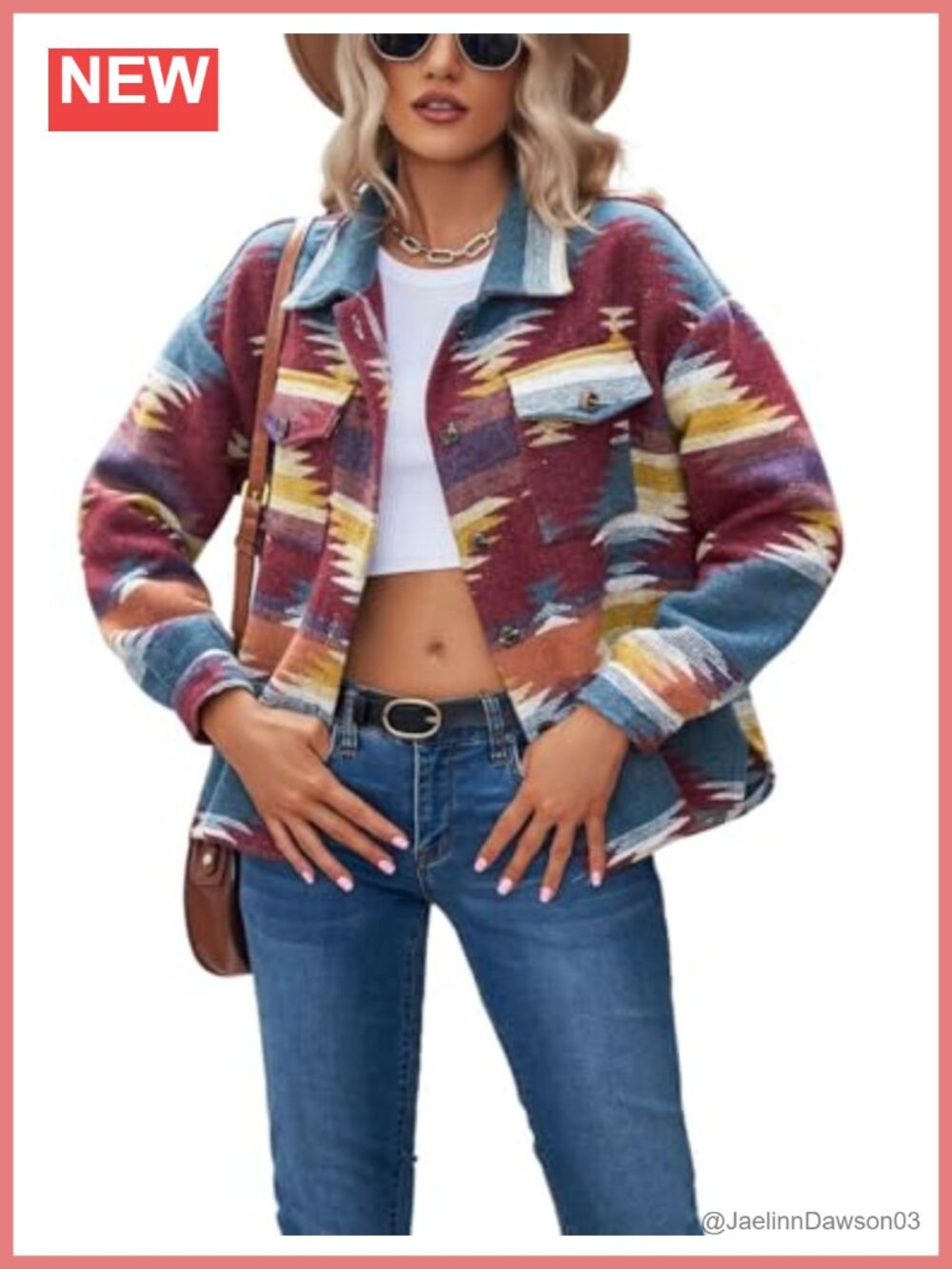 Vintage Ethnic Aztec Print Wool Blend Button Up Shacket Long Sleeve Women's